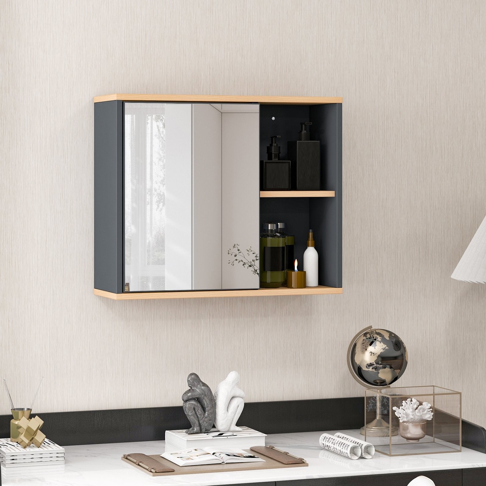 Bathroom Wall Mounted Cabinet with Single Mirror Door and Adjustable Shelf, Gray at Gallery Canada