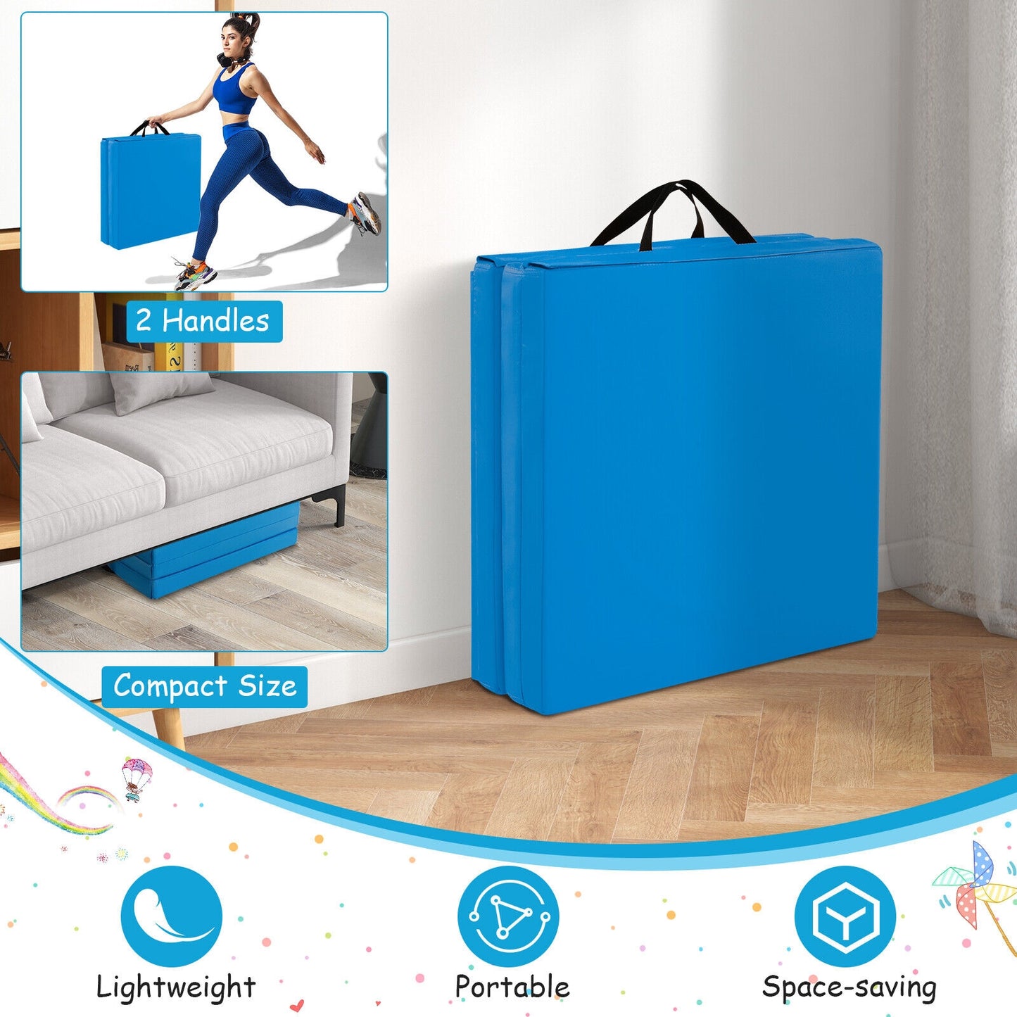 6 x 2 FT Tapis de Gym Tri-Fold, Avec Poignées et Couverture Amovible, Bleu