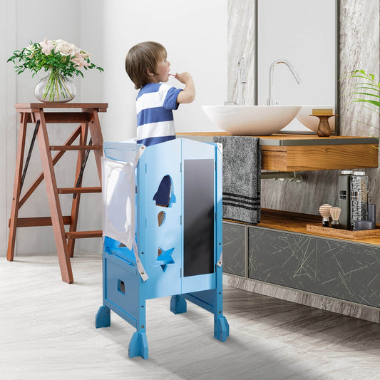 Wooden Folding Kids Kitchen Step Stool with 2-Level Adjustable Height, Blue - Gallery Canada