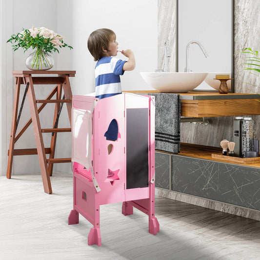 Wooden Folding Kids Kitchen Step Stool with 2-Level Adjustable Height, Pink - Gallery Canada