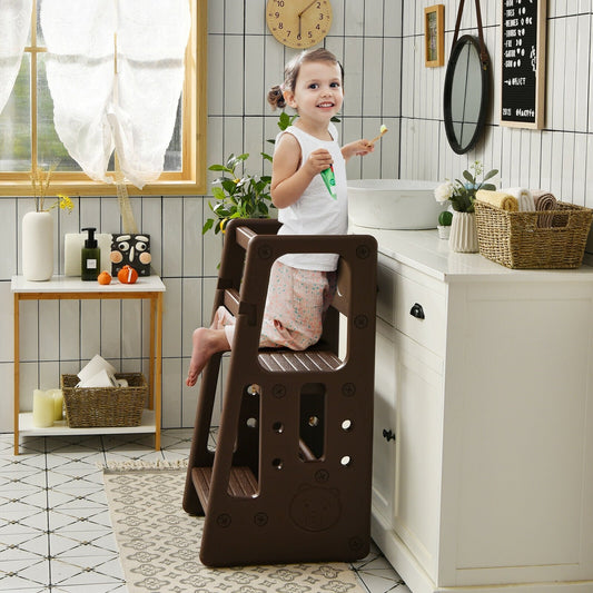 Kids Kitchen Step Stool with Double Safety Rails , Brown - Gallery Canada