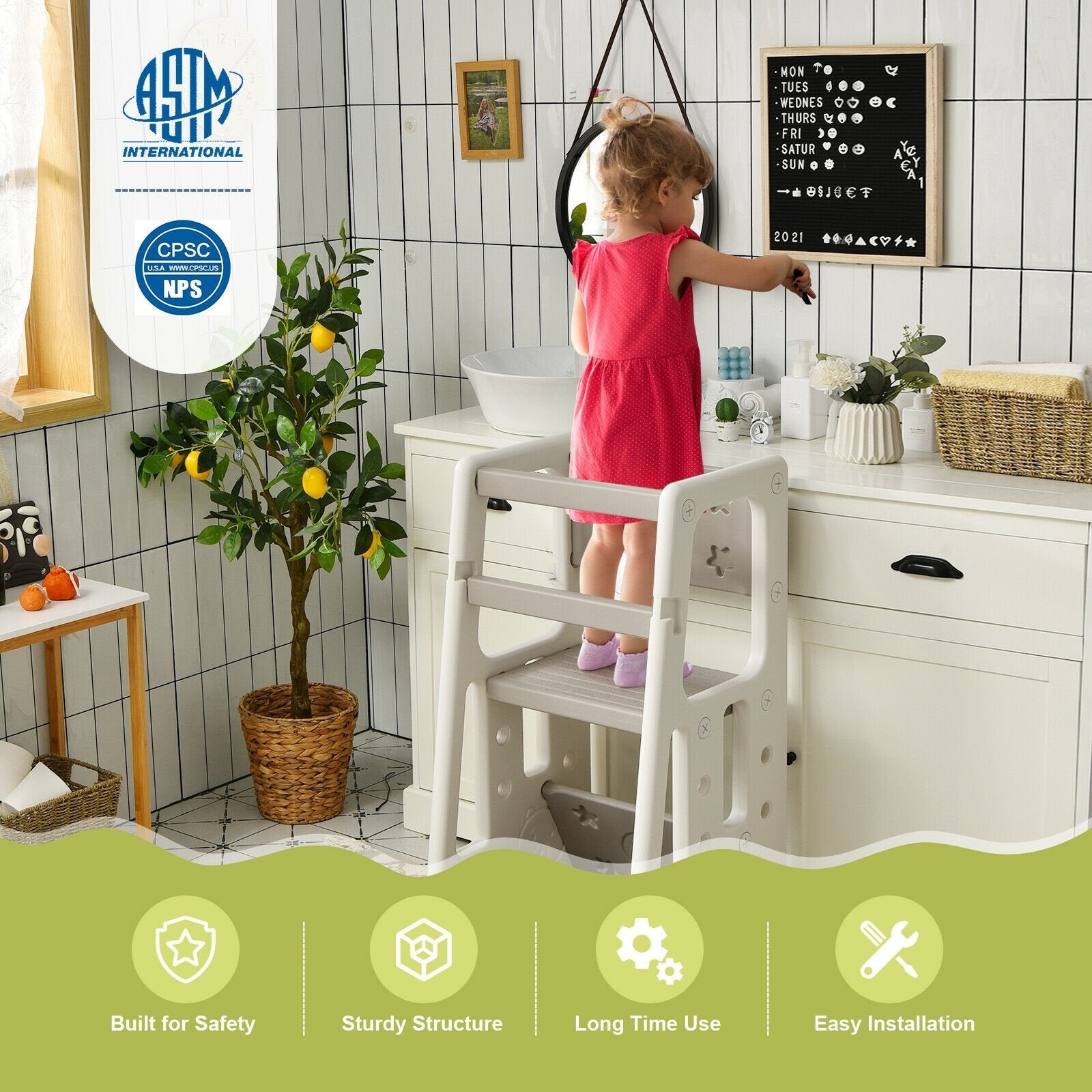 Kids Kitchen Step Stool with Double Safety Rails , Gray at Gallery Canada
