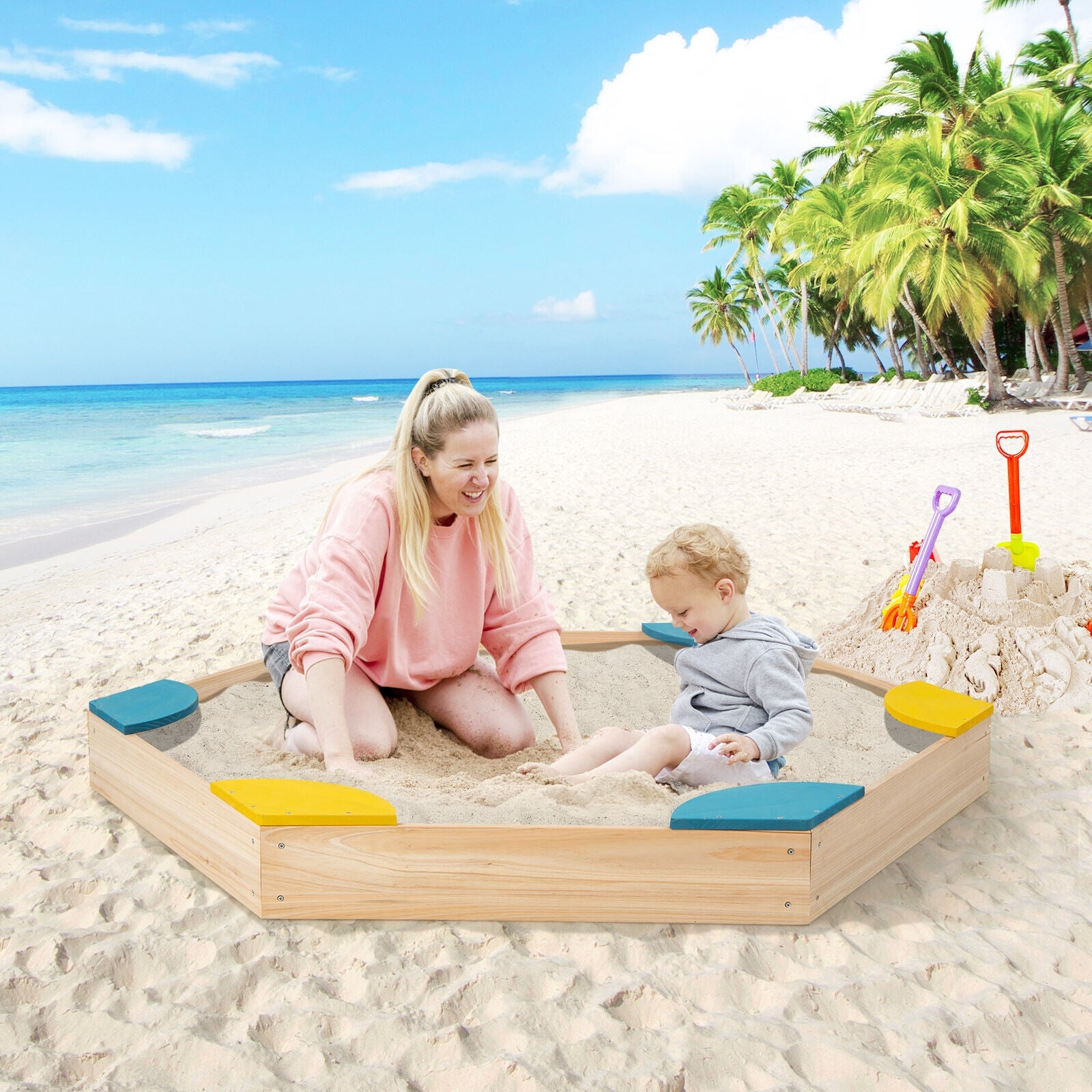 Outdoor Solid Wood Sandbox with 6 Built-in Fan-shaped Seats, Multicolor Sandboxes at Gallery Canada