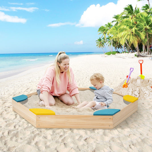 Outdoor Solid Wood Sandbox with 6 Built-in Fan-shaped Seats, Multicolor Sandboxes Multicolor at Gallery Canada