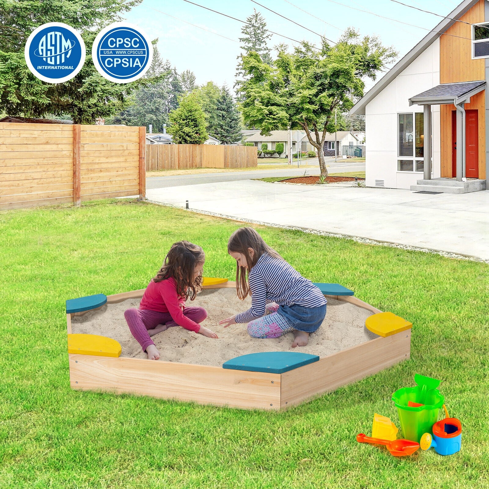Outdoor Solid Wood Sandbox with 6 Built-in Fan-shaped Seats, Multicolor Sandboxes at Gallery Canada