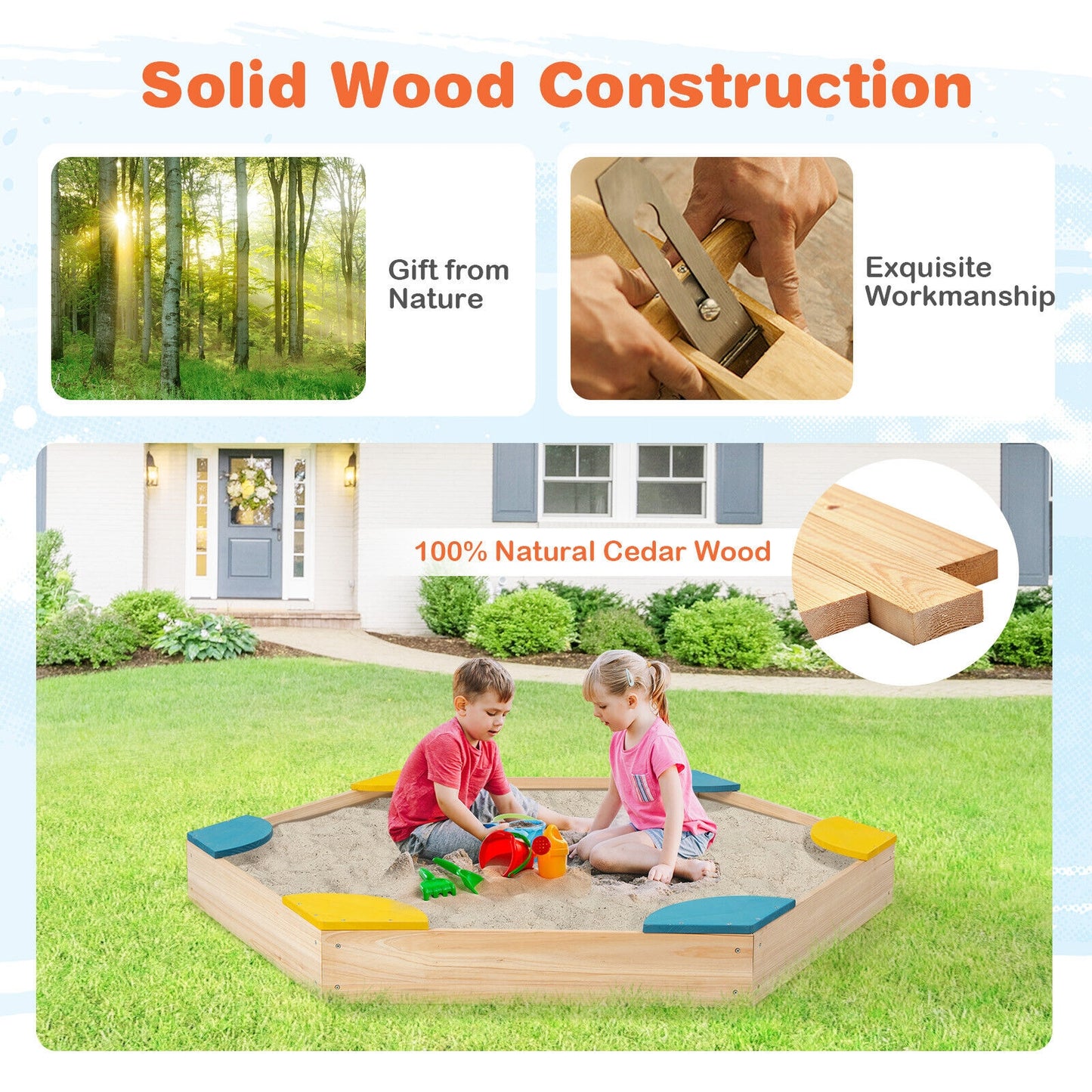 Outdoor Solid Wood Sandbox with 6 Built-in Fan-shaped Seats, Multicolor Sandboxes at Gallery Canada