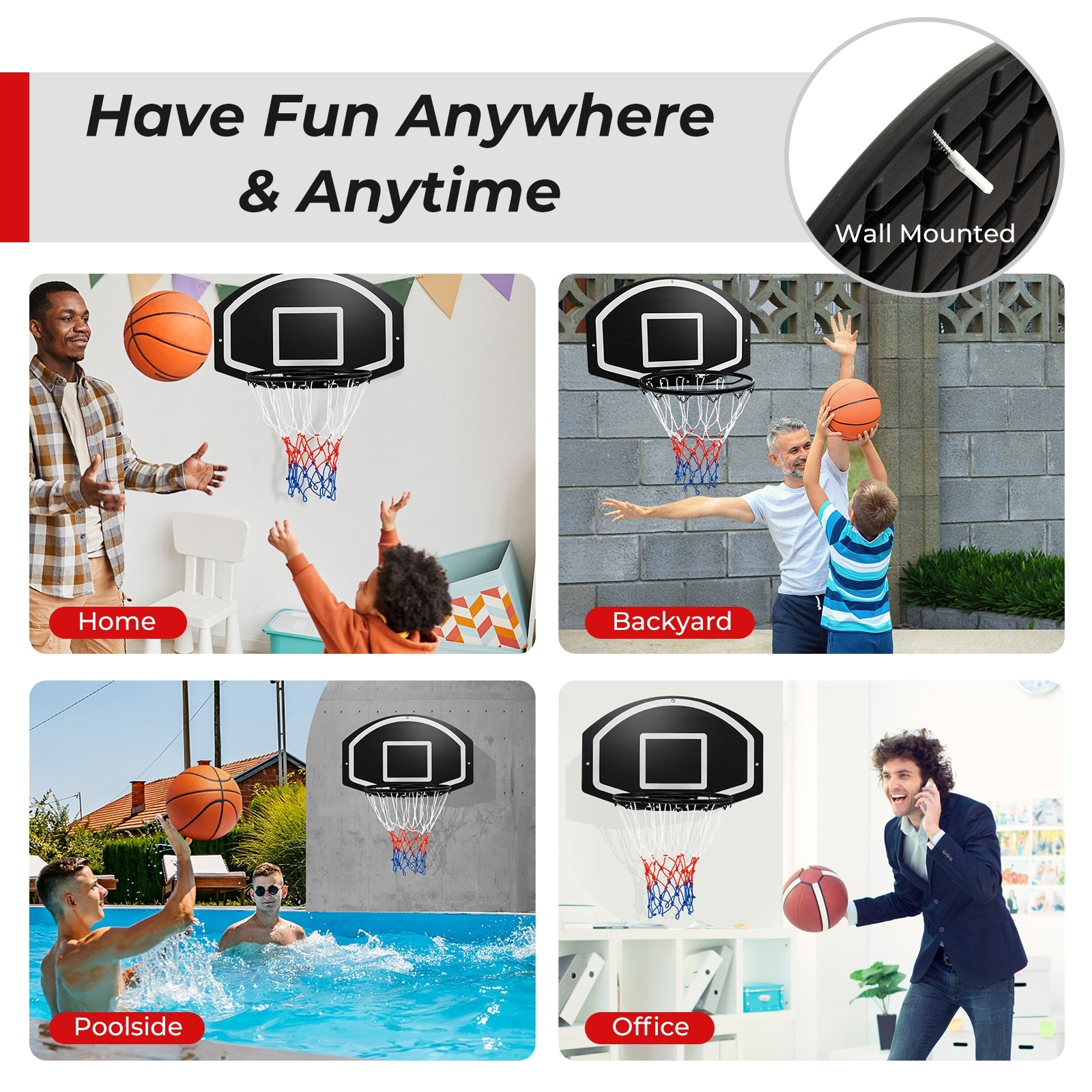 Wall Mounted Basketball Set for Kids Teens Adults, Black Sport Equipments at Gallery Canada