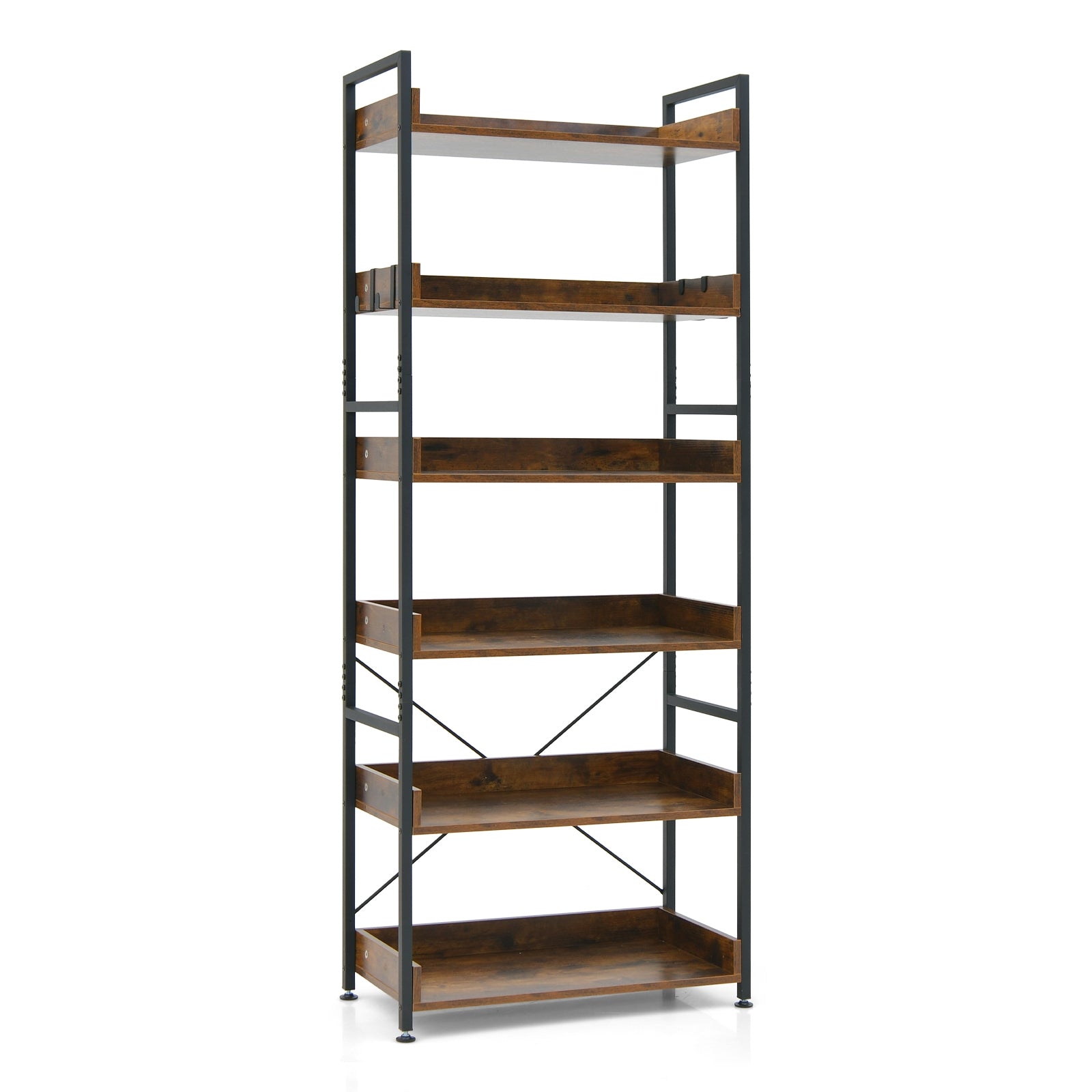 6-Tier Tall Industrial Bookcase with Open Shelves and 4 Hooks, Brown Bookcases Brown at Gallery Canada