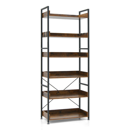 6-Tier Tall Industrial Bookcase with Open Shelves and 4 Hooks, Brown Bookcases Brown at Gallery Canada