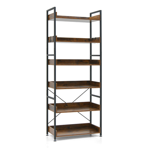 6-Tier Tall Industrial Bookcase with Open Shelves and 4 Hooks, Brown