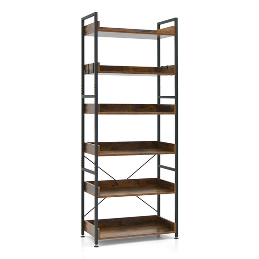 6-Tier Tall Industrial Bookcase, Open Shelves, 4 Hooks, Brown