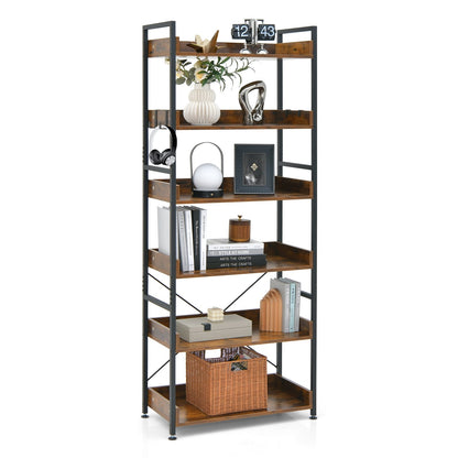 6-Tier Tall Industrial Bookcase with Open Shelves and 4 Hooks, Brown - Gallery Canada