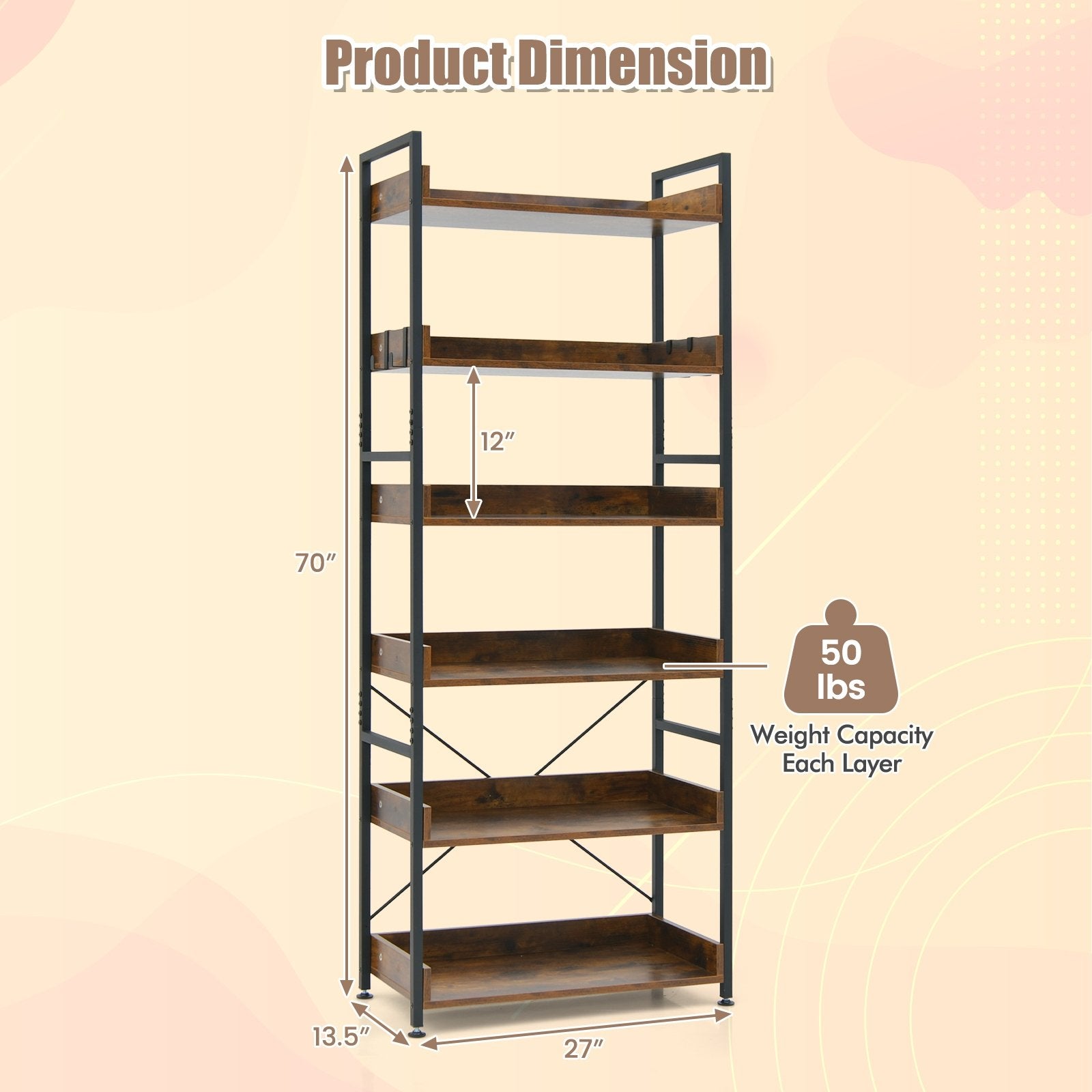 6-Tier Tall Industrial Bookcase with Open Shelves and 4 Hooks, Brown - Gallery Canada