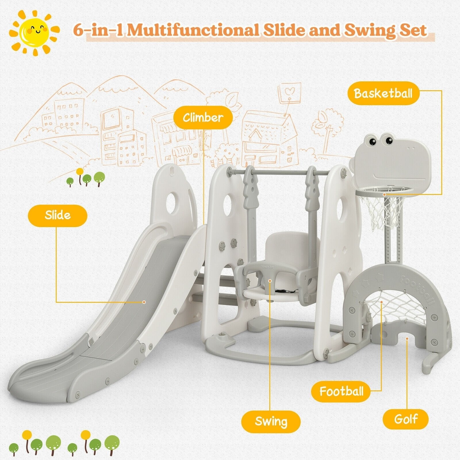 6 in 1 Toddler Slide and Swing Set with Ball Games, White at Gallery Canada