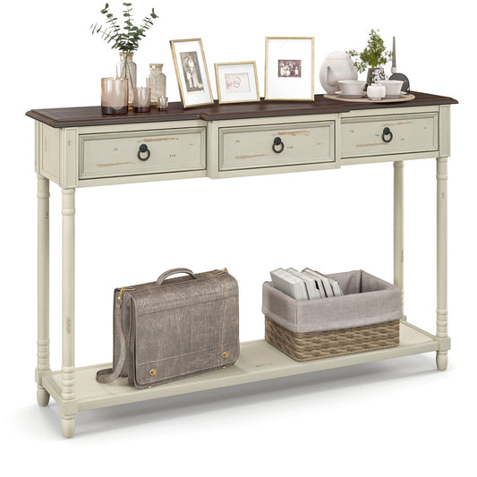 52 Inch Farmhouse Console Table with 3 Drawers and Open Storage Shelf for Hallway, Off White
