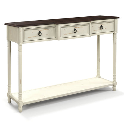 52 Inch Farmhouse Console Table with 3 Drawers and Open Storage Shelf for Hallway, Off White
