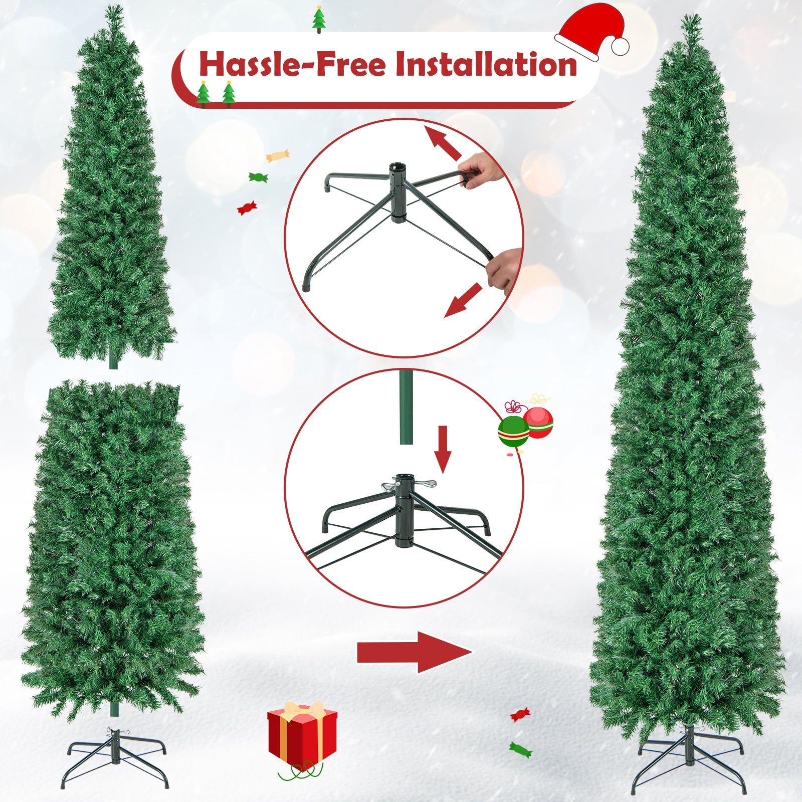 5/6/7/8 FT Pre-Lit Christmas Pencil Tree with Colorful Fiber Optics Green-8 ft, Green Christmas Tree at Gallery Canada