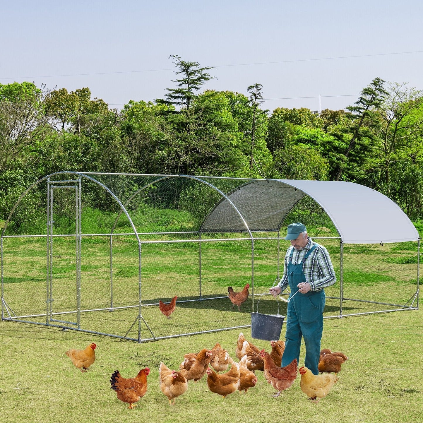 6.2 Feet/12.5 Feet/19 Feet Large Metal Chicken Coop Outdoor Galvanized Dome Cage with Cover-L, Black