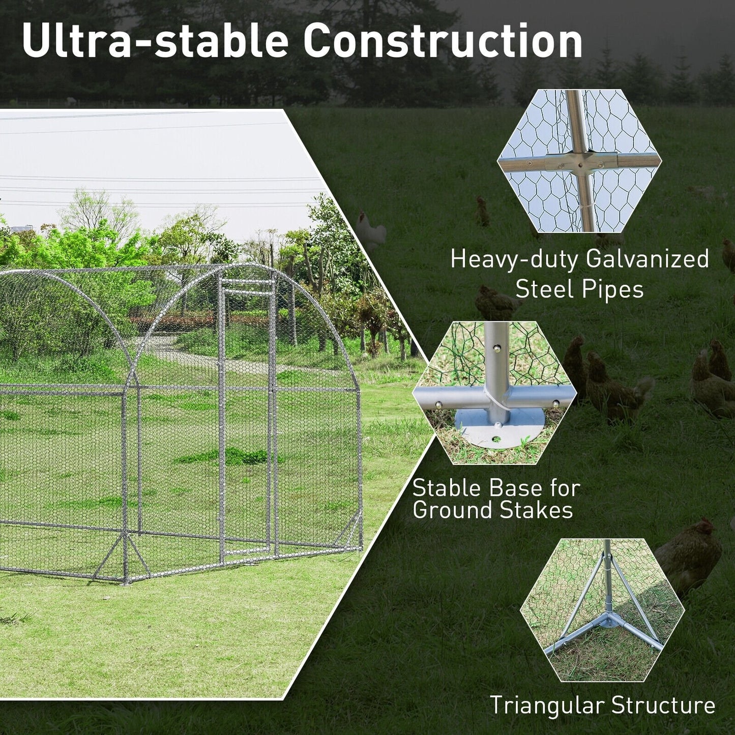 6.2 Feet/12.5 Feet/19 Feet Large Metal Chicken Coop Outdoor Galvanized Dome Cage with Cover-L, Black