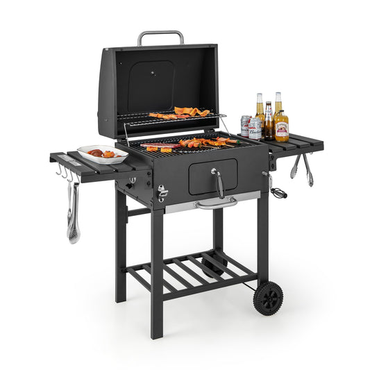 Outdoor BBQ Charcoal Grill with 2 Foldable Side Table and Wheels, Black Outdoor Grills Black at Gallery Canada