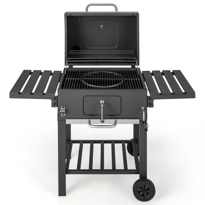 Outdoor BBQ Charcoal Grill with 2 Foldable Side Table and Wheels, Black