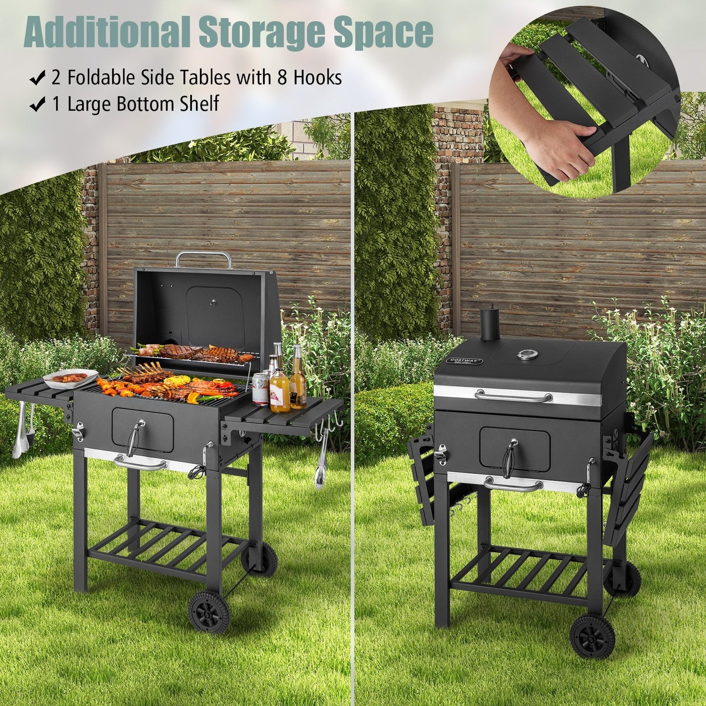 Outdoor BBQ Charcoal Grill with 2 Foldable Side Table and Wheels, Black