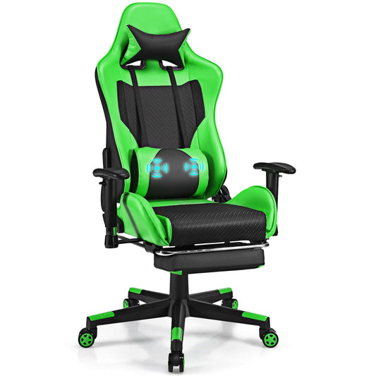 PU Leather Gaming Chair with USB Massage Lumbar Pillow and Footrest , Green at Gallery Canada