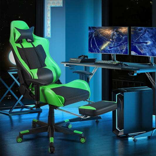 PU Leather Gaming Chair with USB Massage Lumbar Pillow and Footrest , Green - Gallery Canada