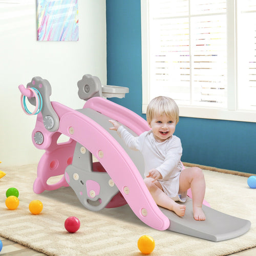 4-In-1 Toddler Slide, Rocking Horse Playset With Basketball Hoop, Pink