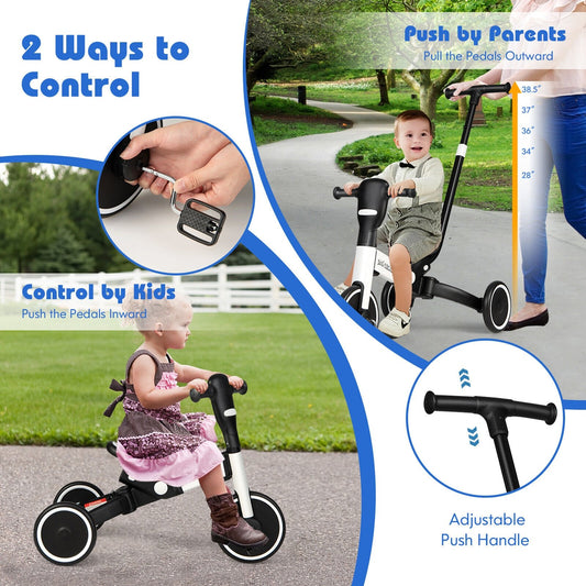 4-in-1 Kids Tricycle with Adjustable Parent Push Handle and Detachable Pedals, White - Gallery Canada