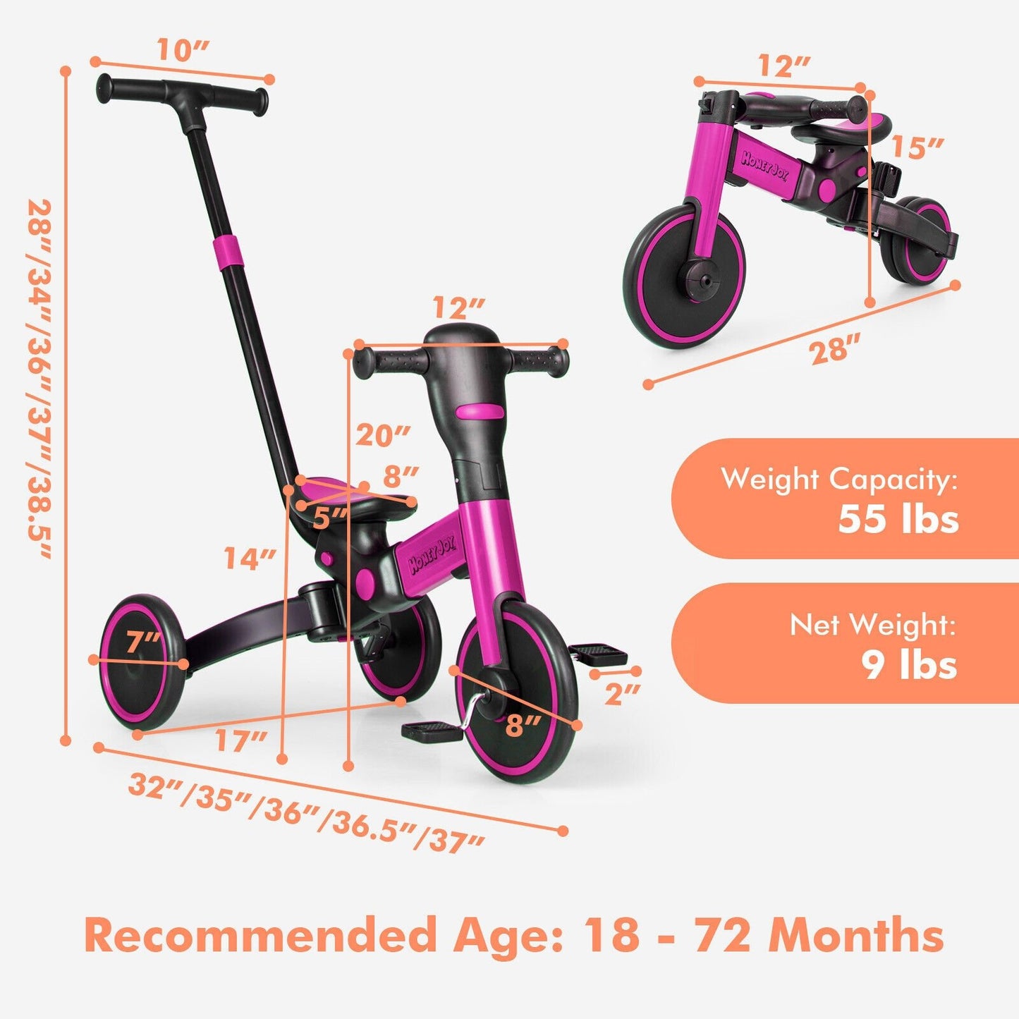 4-in-1 Kids Tricycle with Adjustable Parent Push Handle and Detachable Pedals, Pink