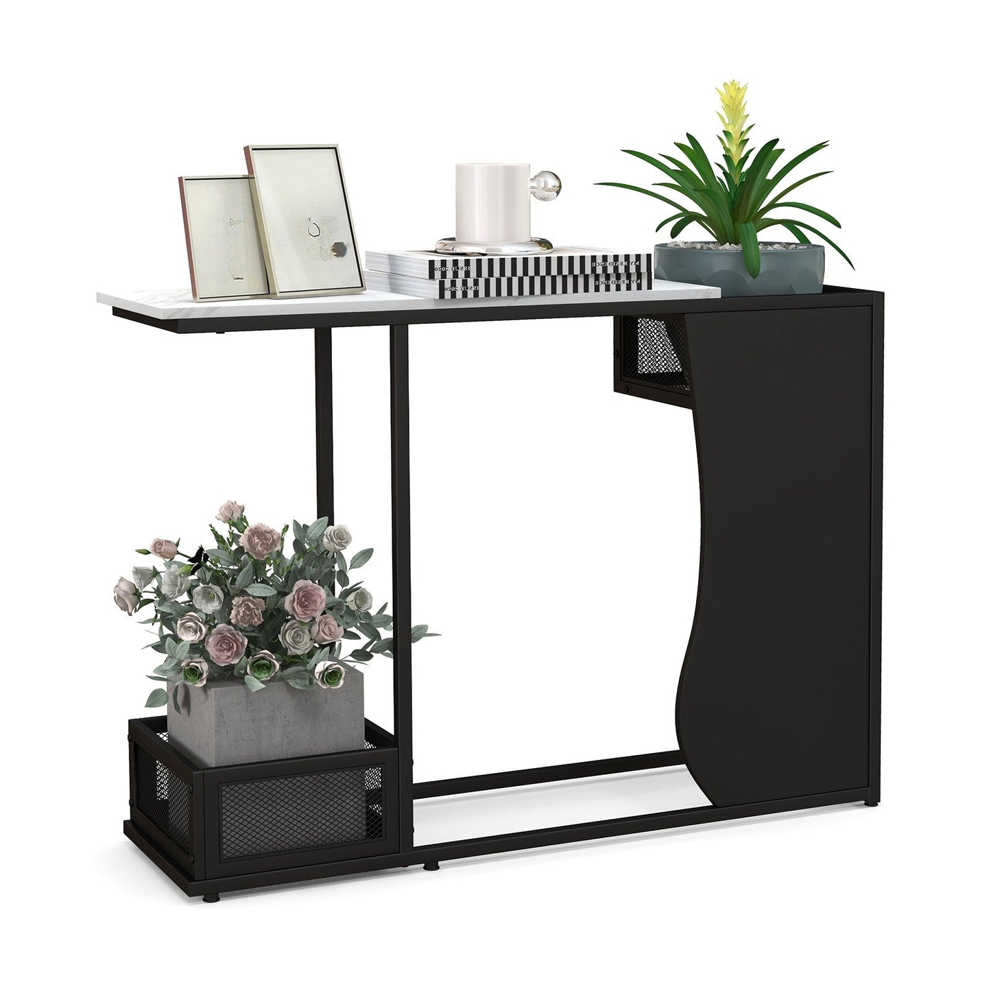 43.5 Inch Console Table with Plant Position and Faux Marble Top, Black