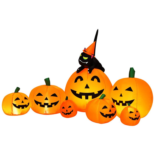 Halloween 7.5 Feet Inflatable Pumpkin Combo with Witch Black Cat, Orange