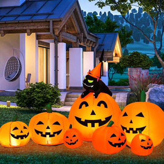 Halloween 7.5 Feet Inflatable Pumpkin Combo with Witch Black Cat, Orange - Gallery Canada
