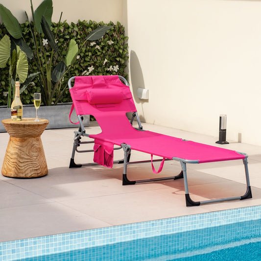 Folding Beach Lounge Chair with Pillow for Outdoor, Pink Outdoor Chaise Lounges Pink at Gallery Canada