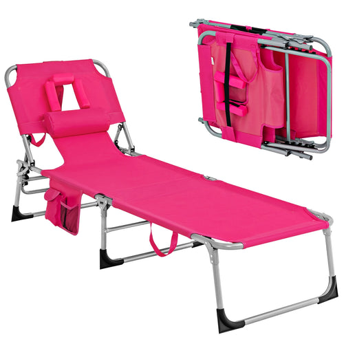 Folding Beach Lounge Chair with Pillow for Outdoor, Pink