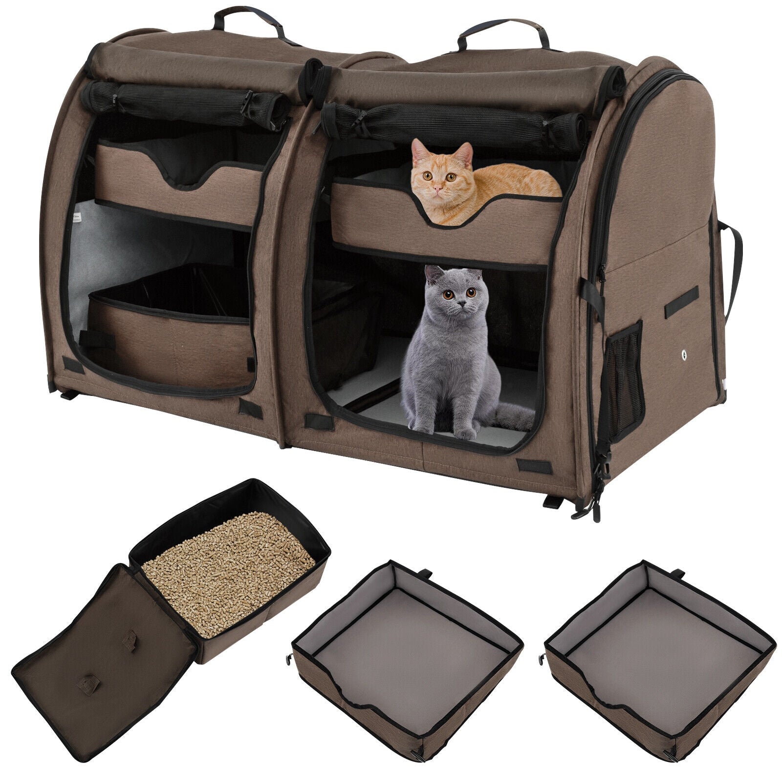 Double Compartment Pet Carrier with 2 Removable Hammocks, Brown Cat Supplies at Gallery Canada