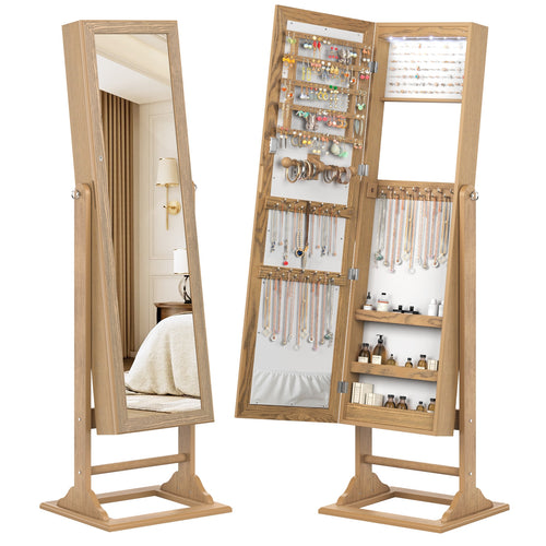 Freestanding Lockable Jewelry Armoire with Full-Length Mirror and 6 LED Lights, Natural
