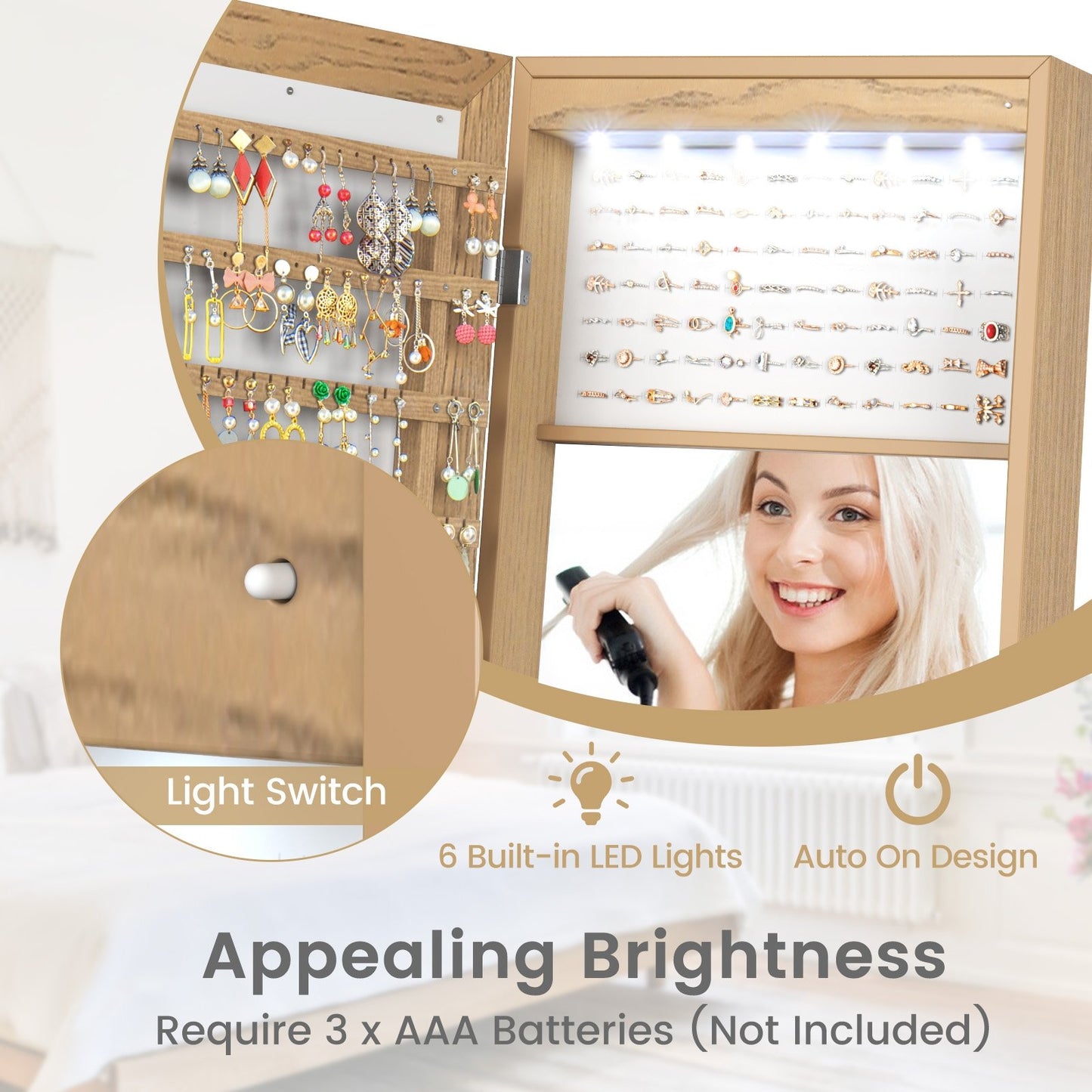 Freestanding Lockable Jewelry Armoire with Full-Length Mirror and 6 LED Lights, Natural