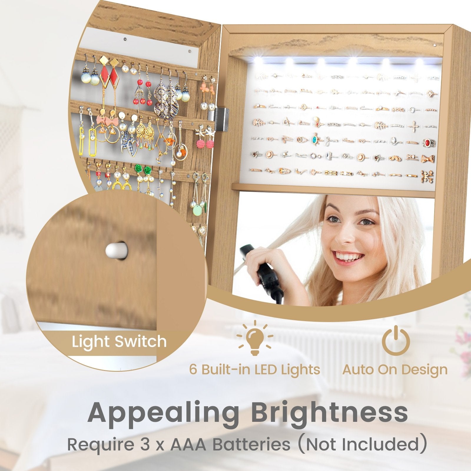 Freestanding Lockable Jewelry Armoire with Full-Length Mirror and 6 LED Lights, Natural at Gallery Canada