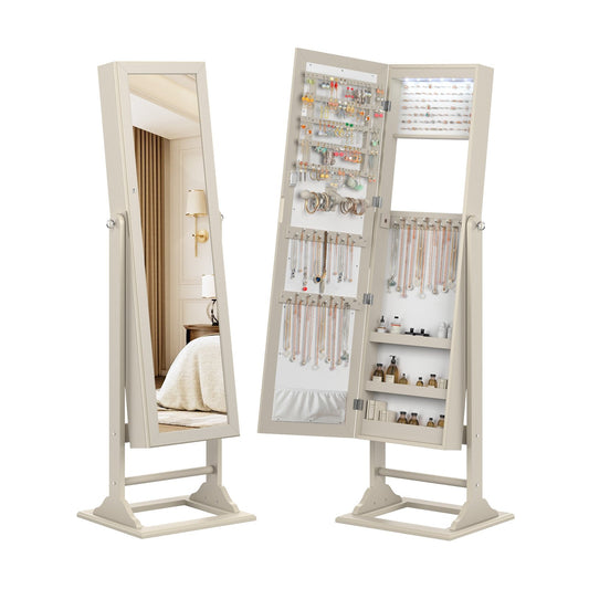 Freestanding Lockable Jewelry Armoire with Full-Length Mirror and 6 LED Lights, Beige