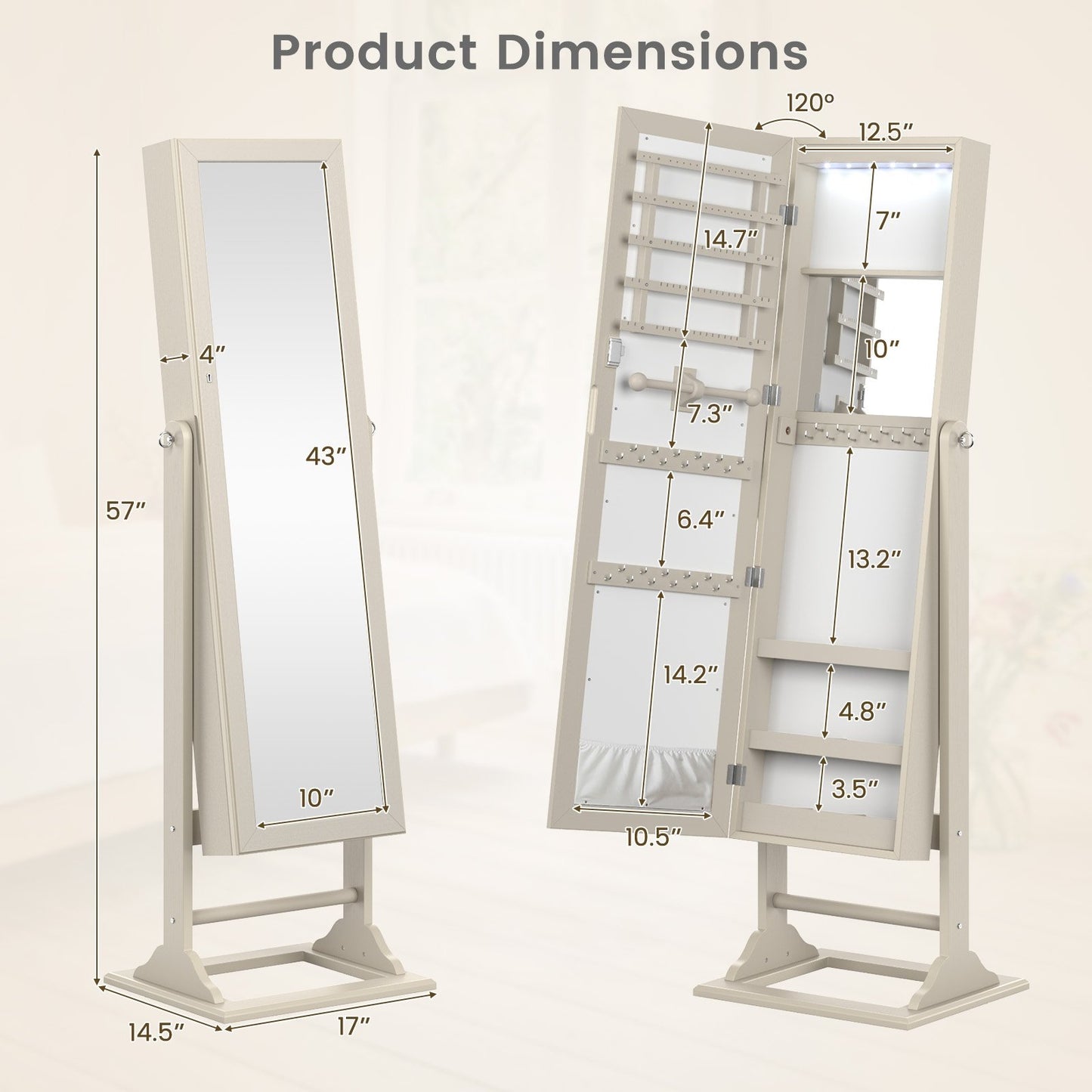 Freestanding Lockable Jewelry Armoire with Full-Length Mirror and 6 LED Lights, Beige at Gallery Canada
