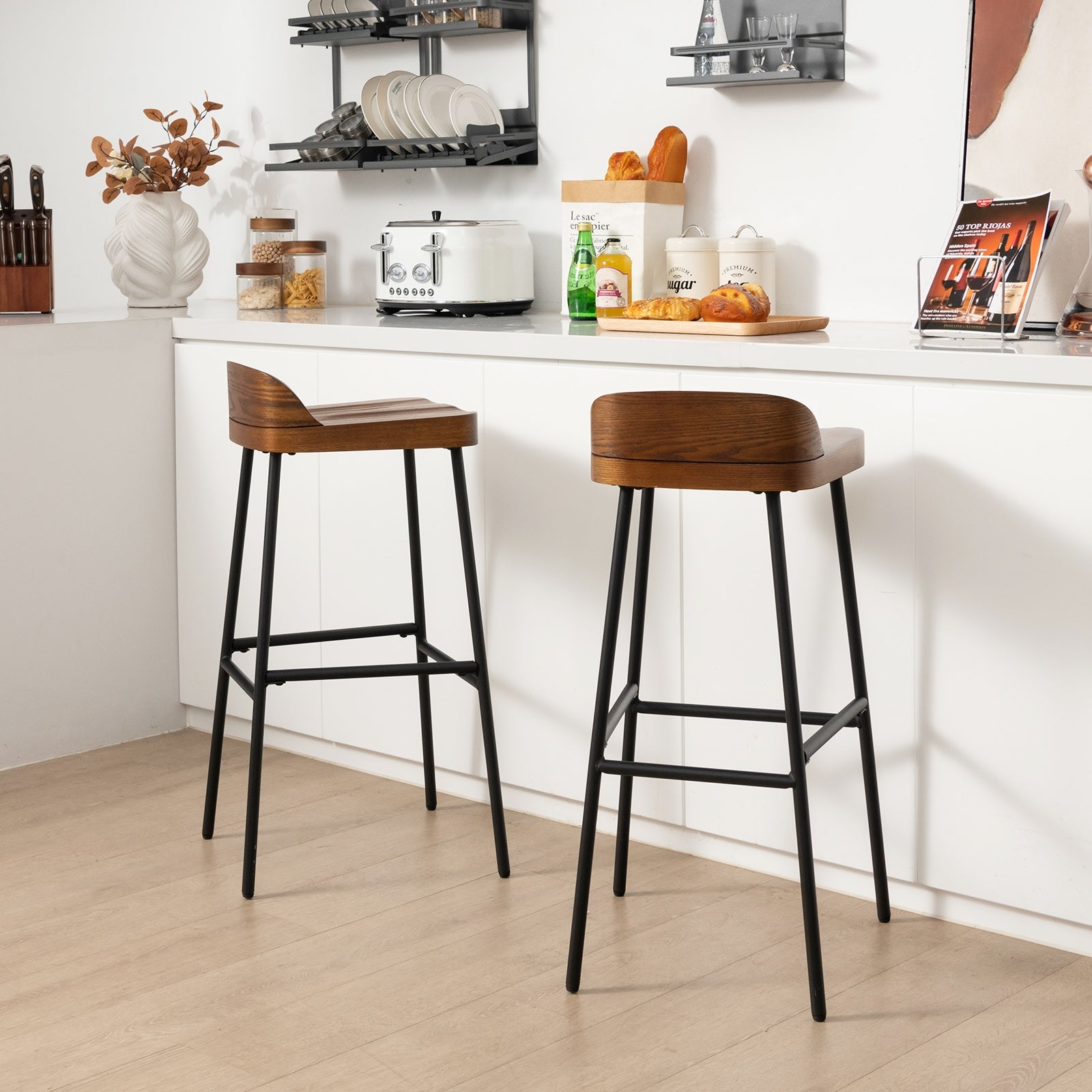 Set of 1/2 29 Inch Industrial Bar Stools with Low Back and Footrests-Set of 2, Rustic Brown Bar Stools at Gallery Canada