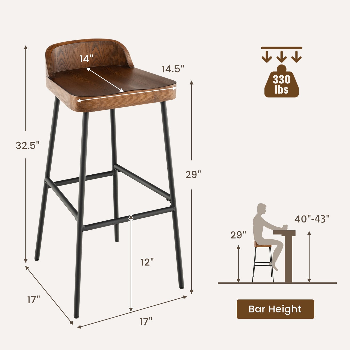 Set of 1/2 29 Inch Industrial Bar Stools with Low Back and Footrests-Set of 2, Rustic Brown Bar Stools at Gallery Canada