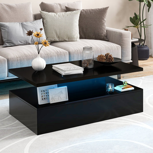 Modern 2-tier High Glossy Table with Adjustable Light Colors for Living Room, Black - Gallery Canada