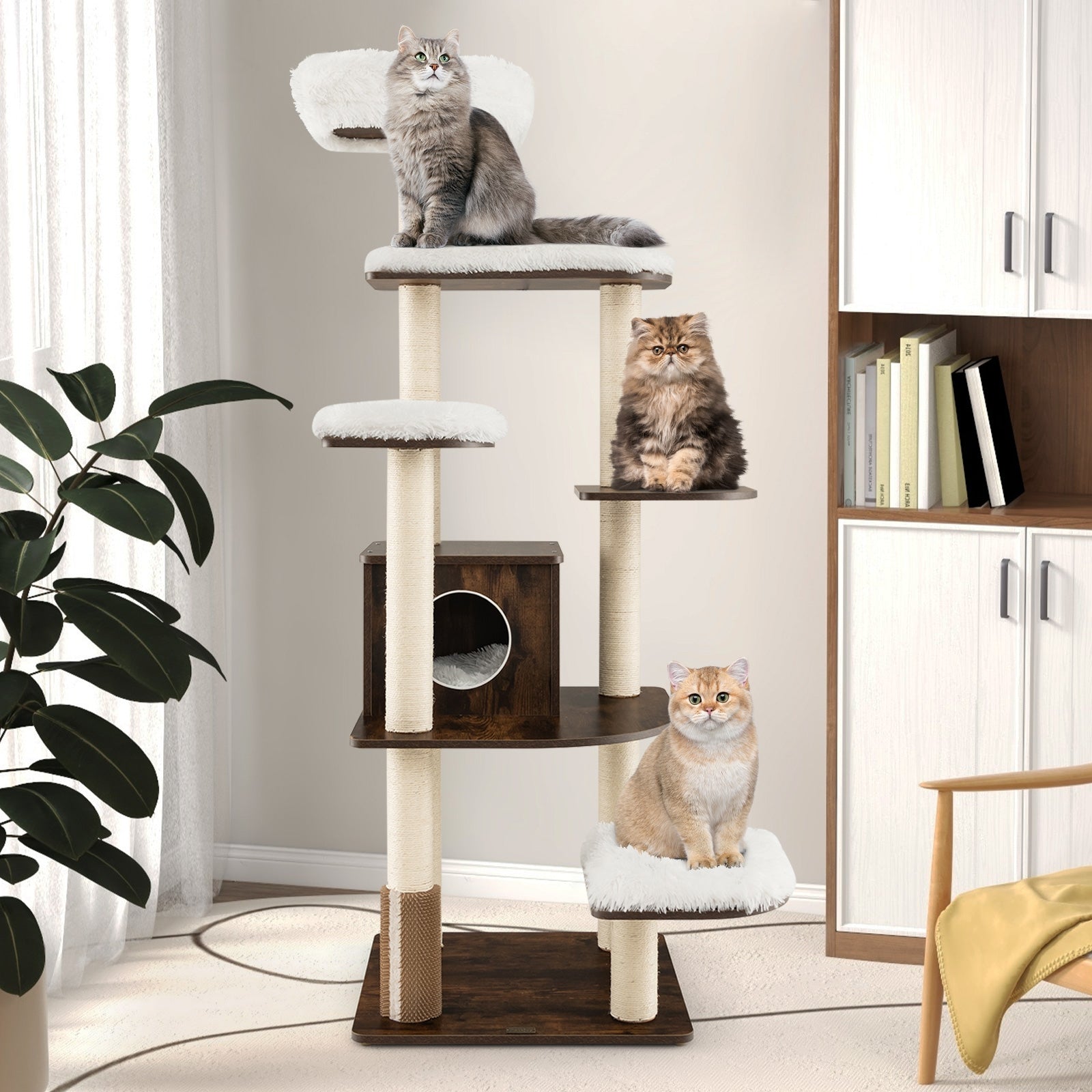 7-Layer Wooden Cat Tree Tall Cat Tower with Sisal Posts and Condo, Brown Cat Trees Condos & Scratchers at Gallery Canada