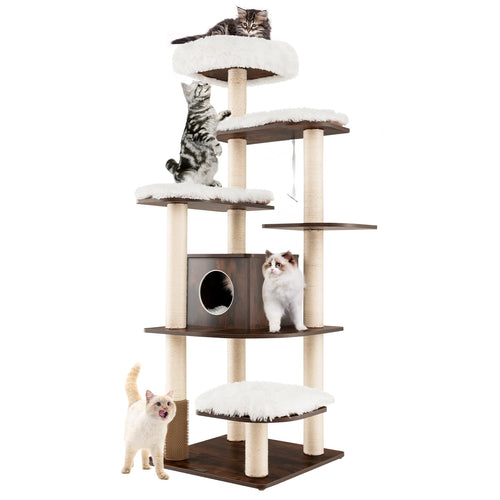 7-Layer Wooden Cat Tree Tower, Sisal Posts, Condo, Brown