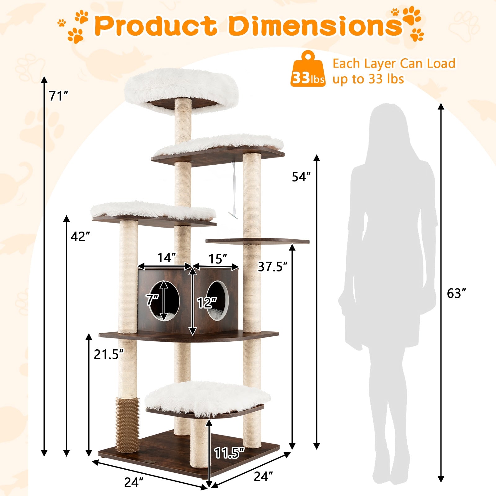 7-Layer Wooden Cat Tree Tall Cat Tower with Sisal Posts and Condo, Brown Cat Trees Condos & Scratchers at Gallery Canada