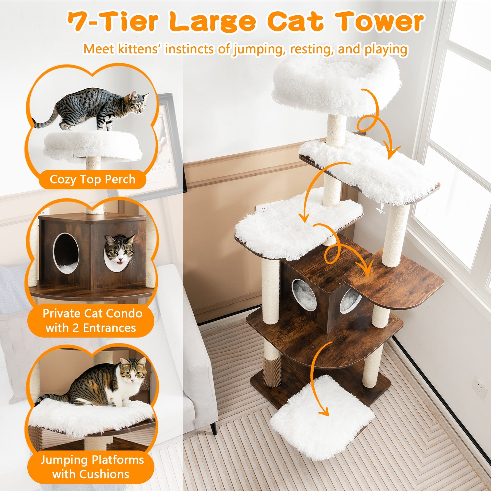7-Layer Wooden Cat Tree Tall Cat Tower with Sisal Posts and Condo, Brown Cat Trees Condos & Scratchers at Gallery Canada