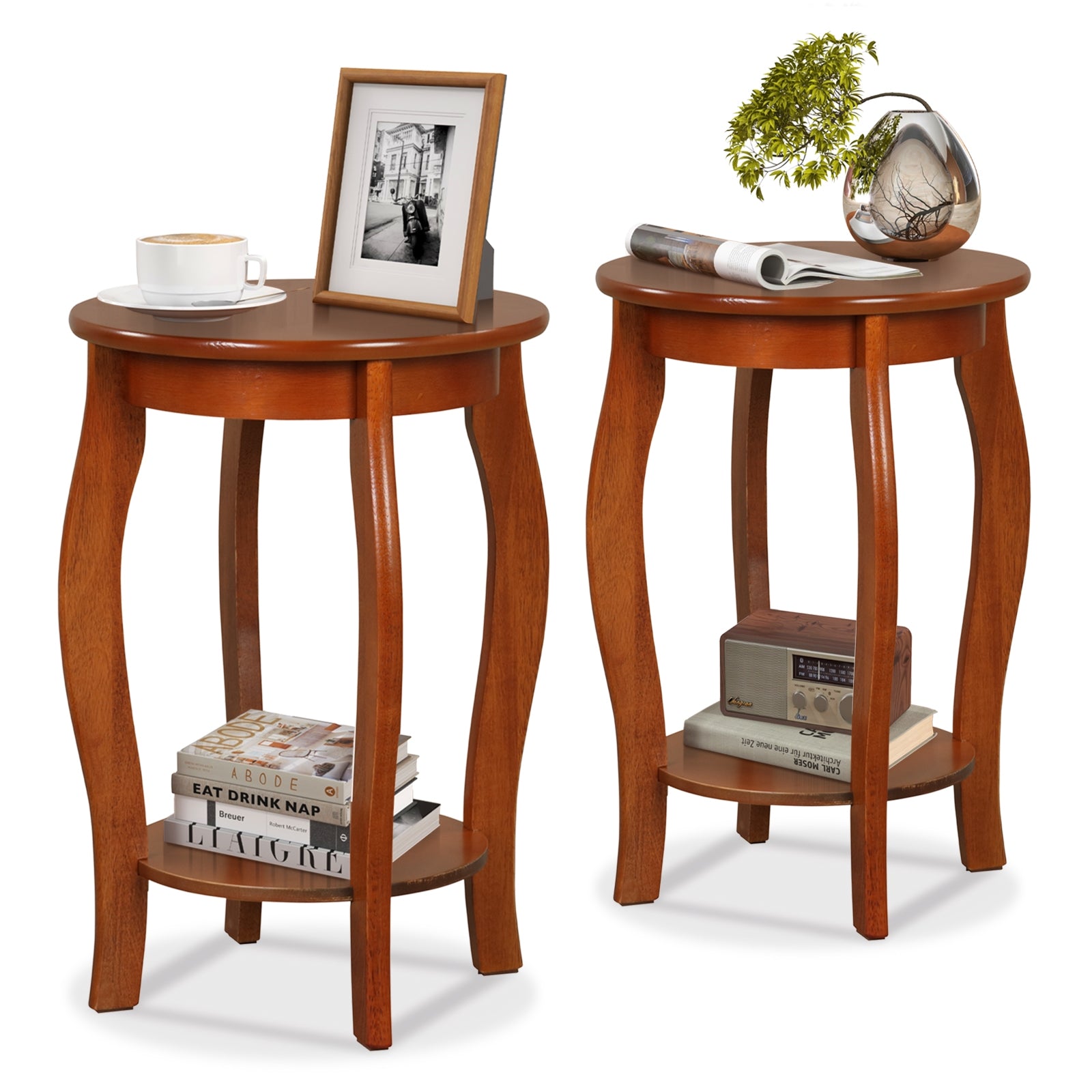 Set of 2 15 Inch 2-Tier Round End Table with Storage Shelf, Walnut End & Side Tables at Gallery Canada